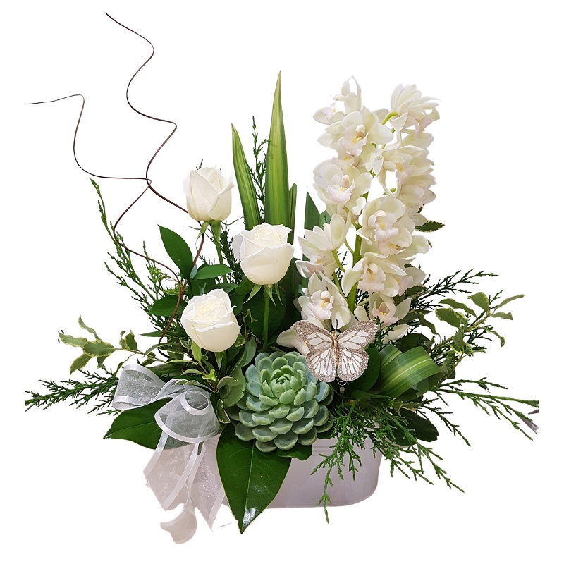 orchids and roses in floral arrangement with butterfly, 