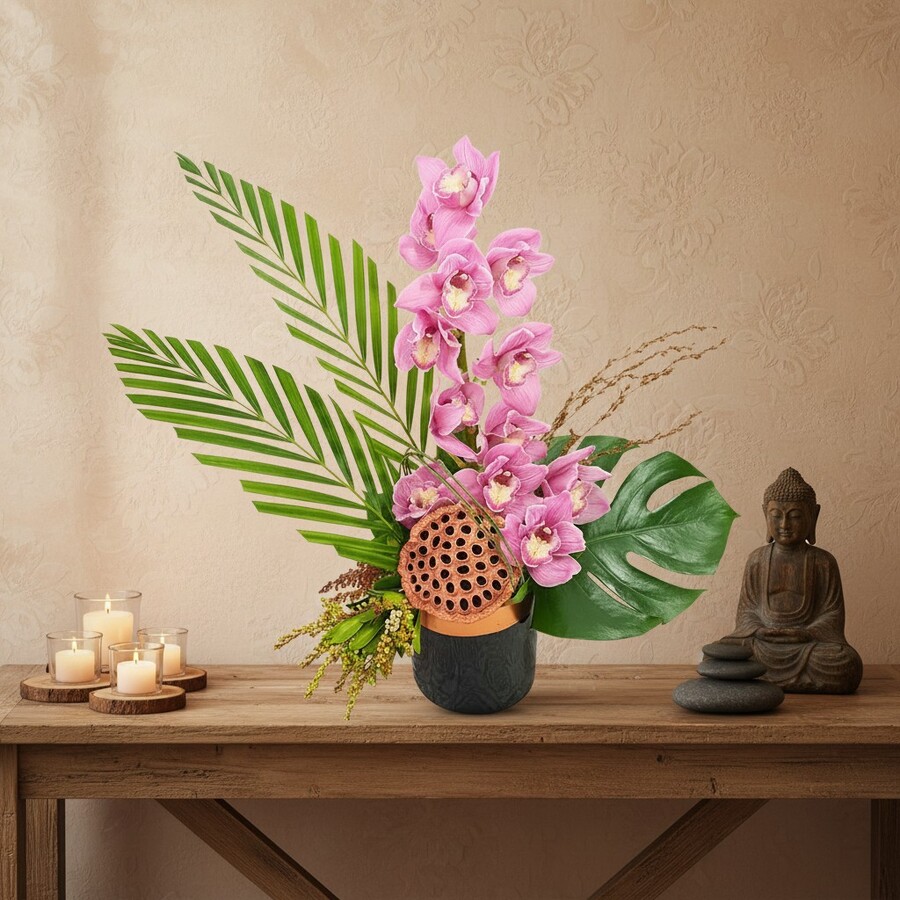 Cymbidium orchid arrangement with tropical palm leaves