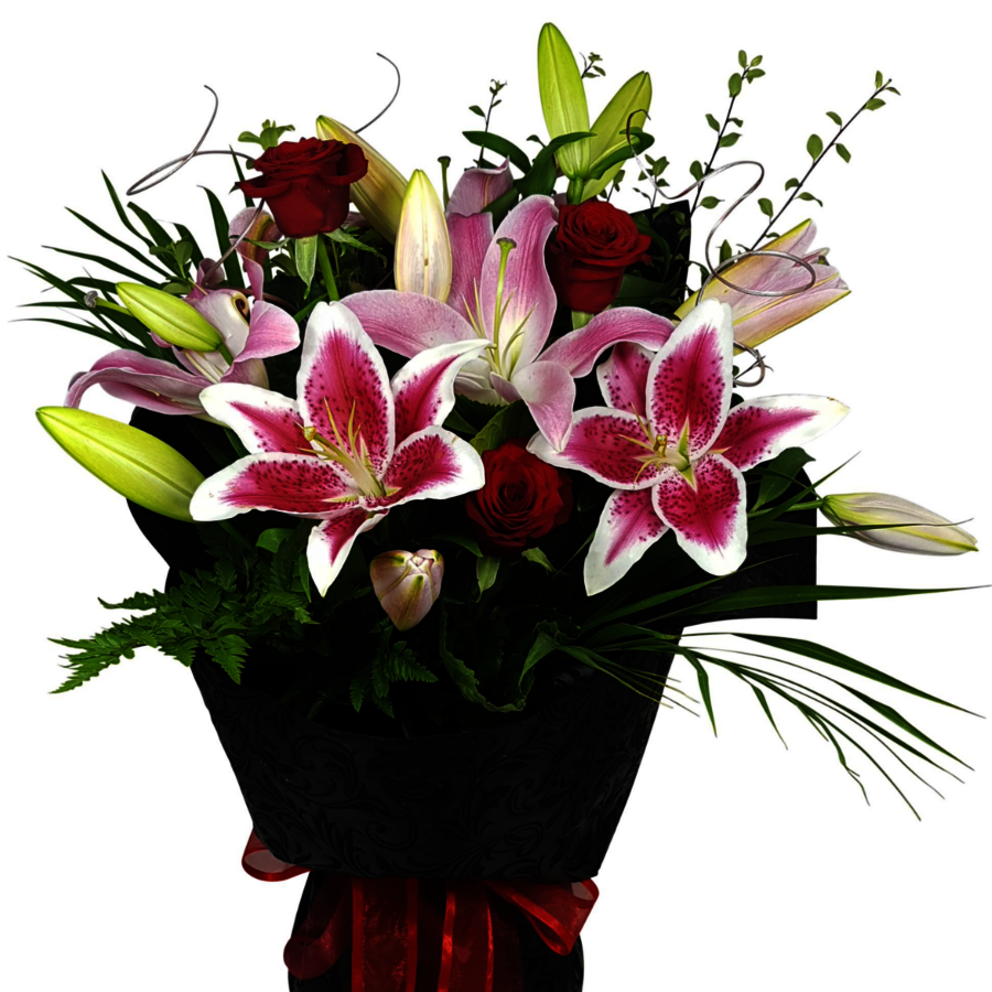 Pink Lily and Red Rose Bouquet wrapped in Black Embossed Paper