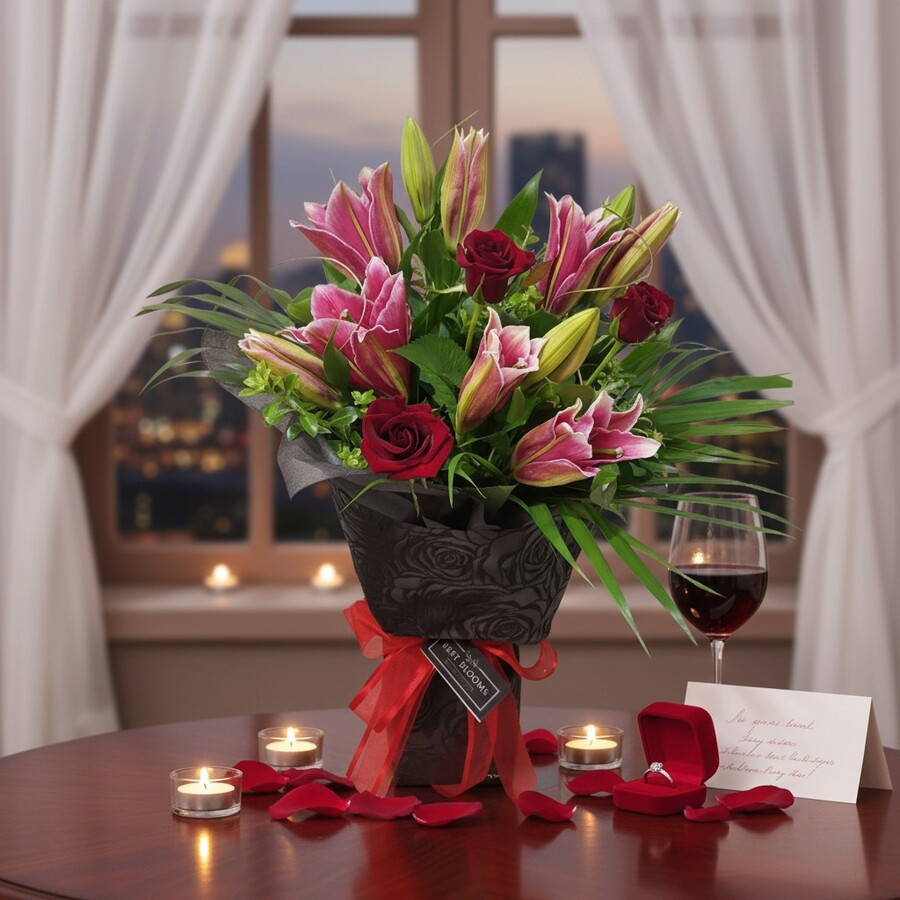 Vox Bouquet of Red Roses and Pink Lilies in styled romantic scene