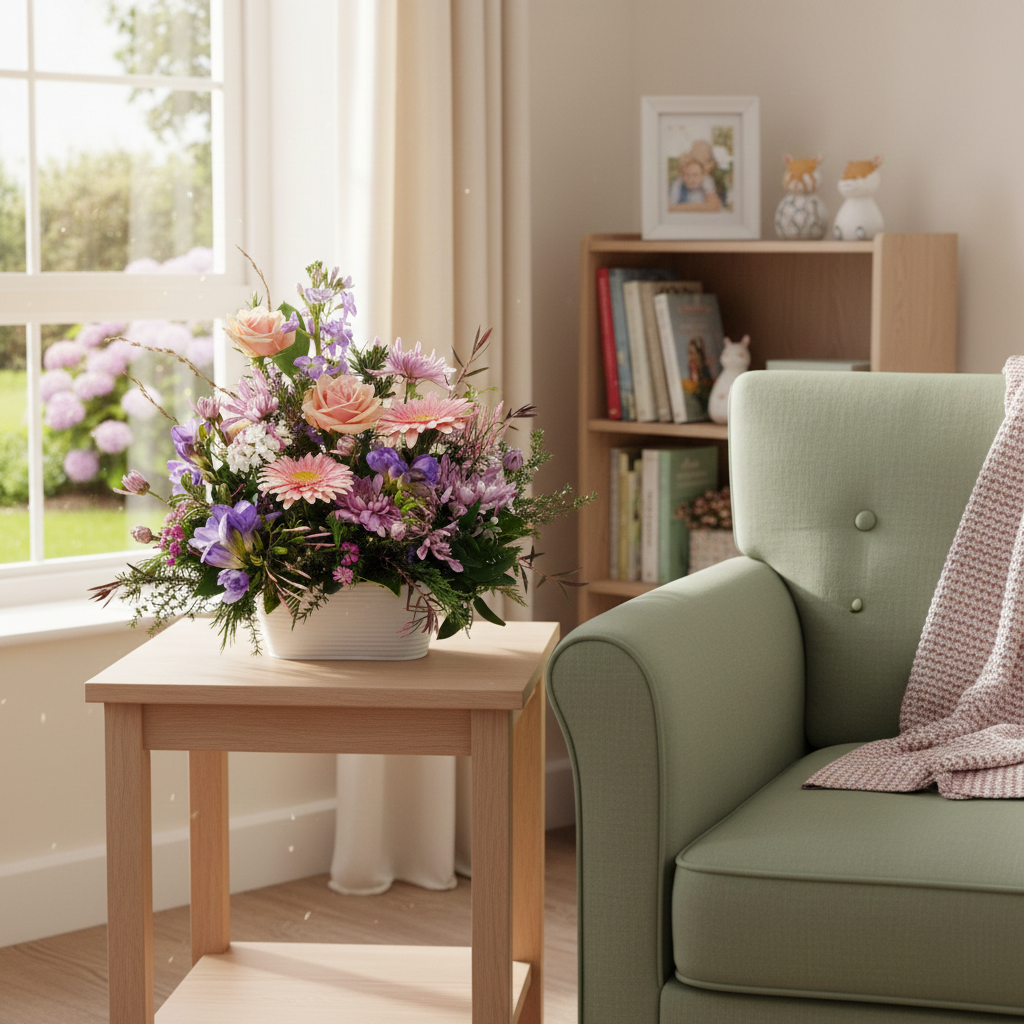 Pastel Garden Arrangement Pretty soft pink and pastel floral arrangement in whimsical garden style.