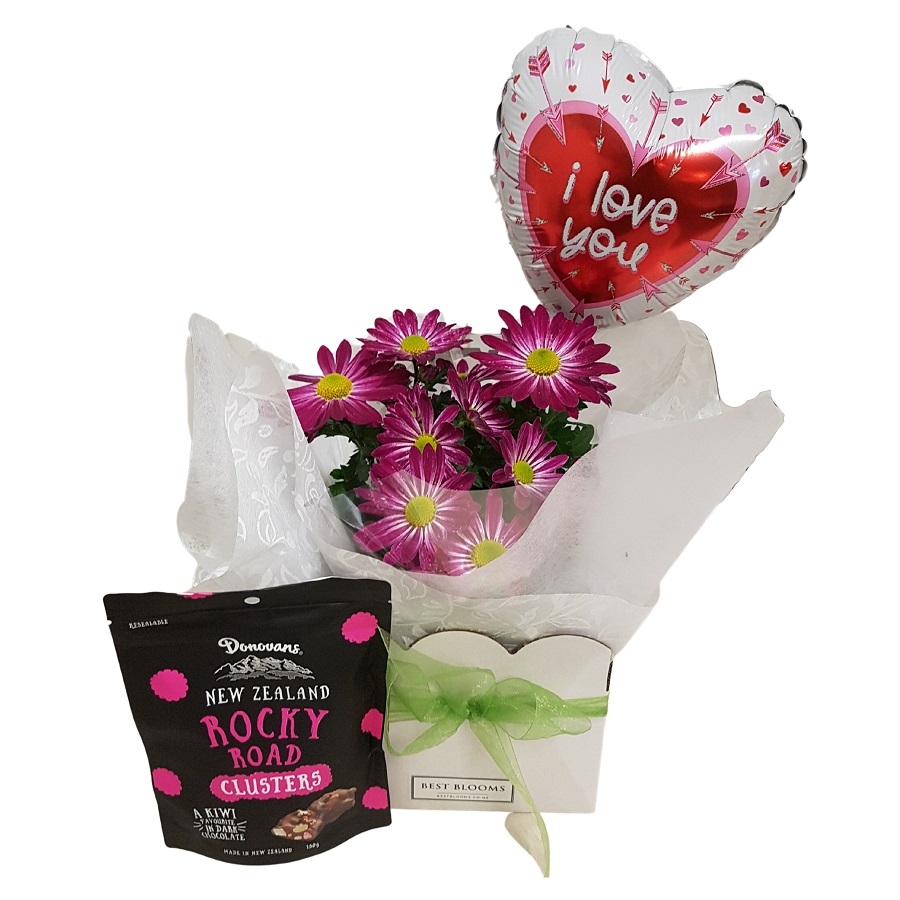 pink plant in gift box with balloon and chocolates