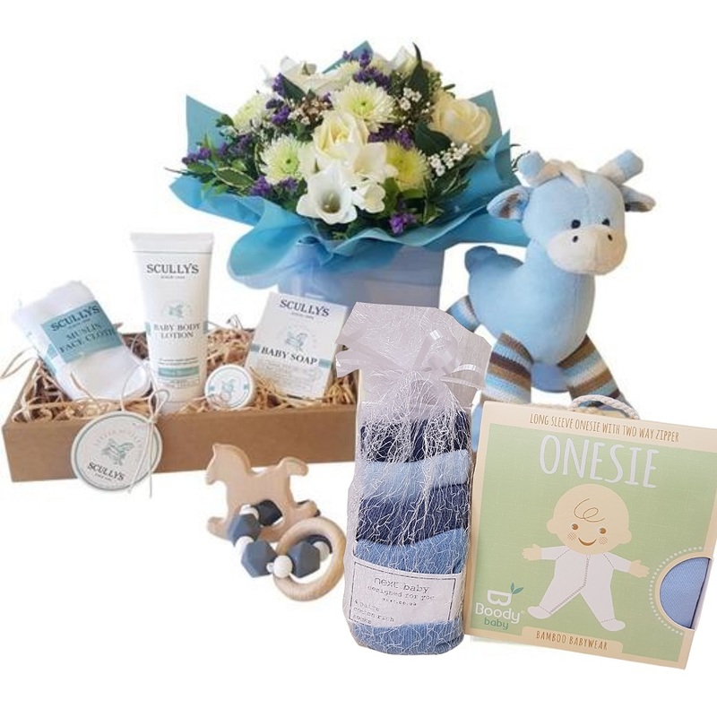 newborn baby girl gift box giraffe, scullywags, boody baby bib, 3 pack socks, flower posy.