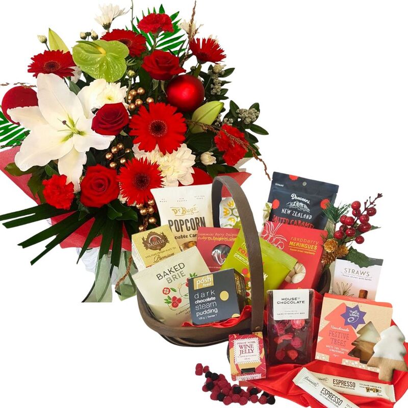 Luxury Christmas flowers and gourmet hamper gift set with red and white bouquet and festive treats – Best Blooms Auckland