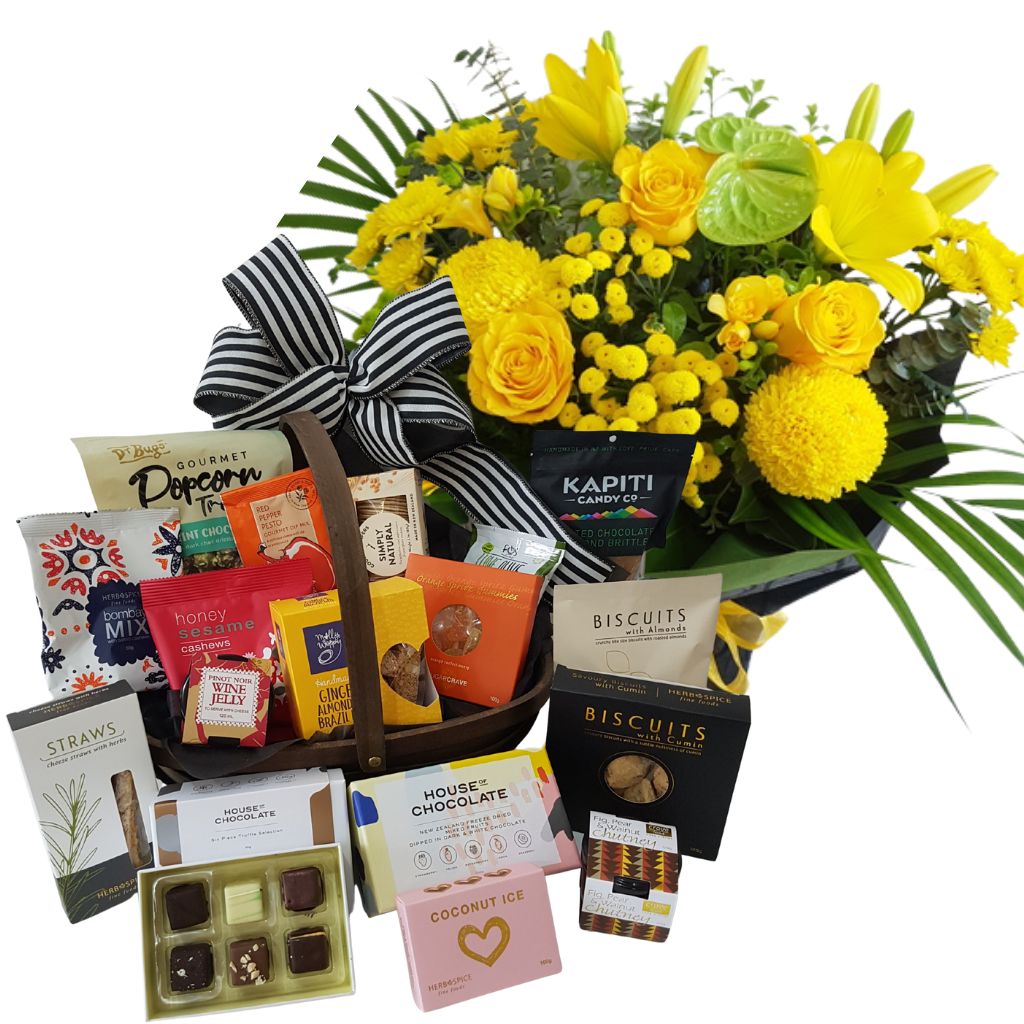 Deluxe Luxury Gift Basket Large Gift Basket of Gourmet Foods, NZ Chocolates and Yellow Flower Bouquet