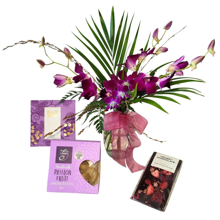 Purple Orchids in Bud Vase with Chocolates, Mulled Wine and Passionfruit Cookies