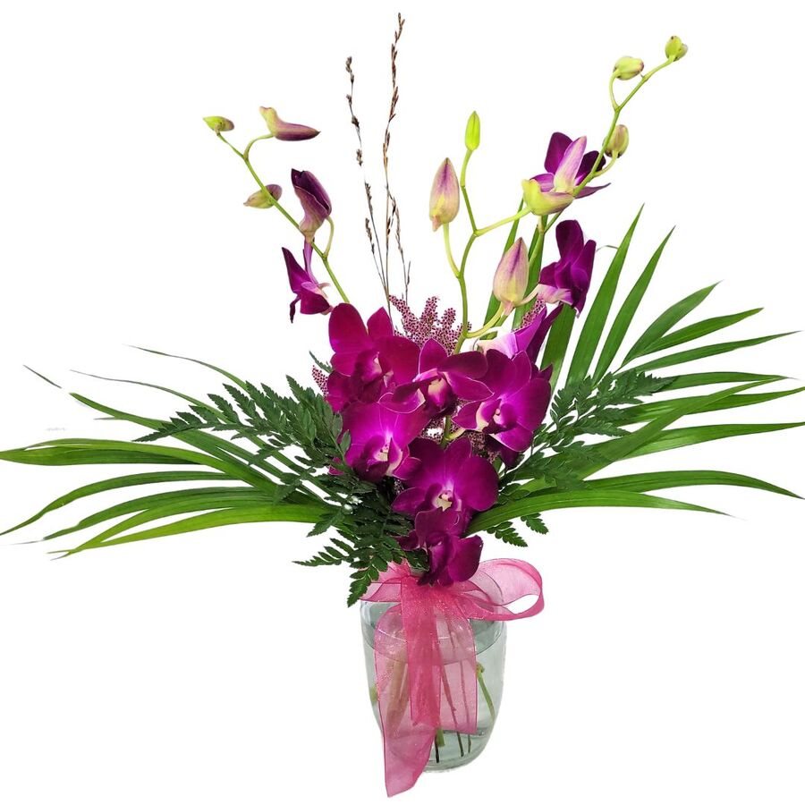 Purple Orchids and Chocolate Gifts packaged in Best Blooms scallop Gift Box