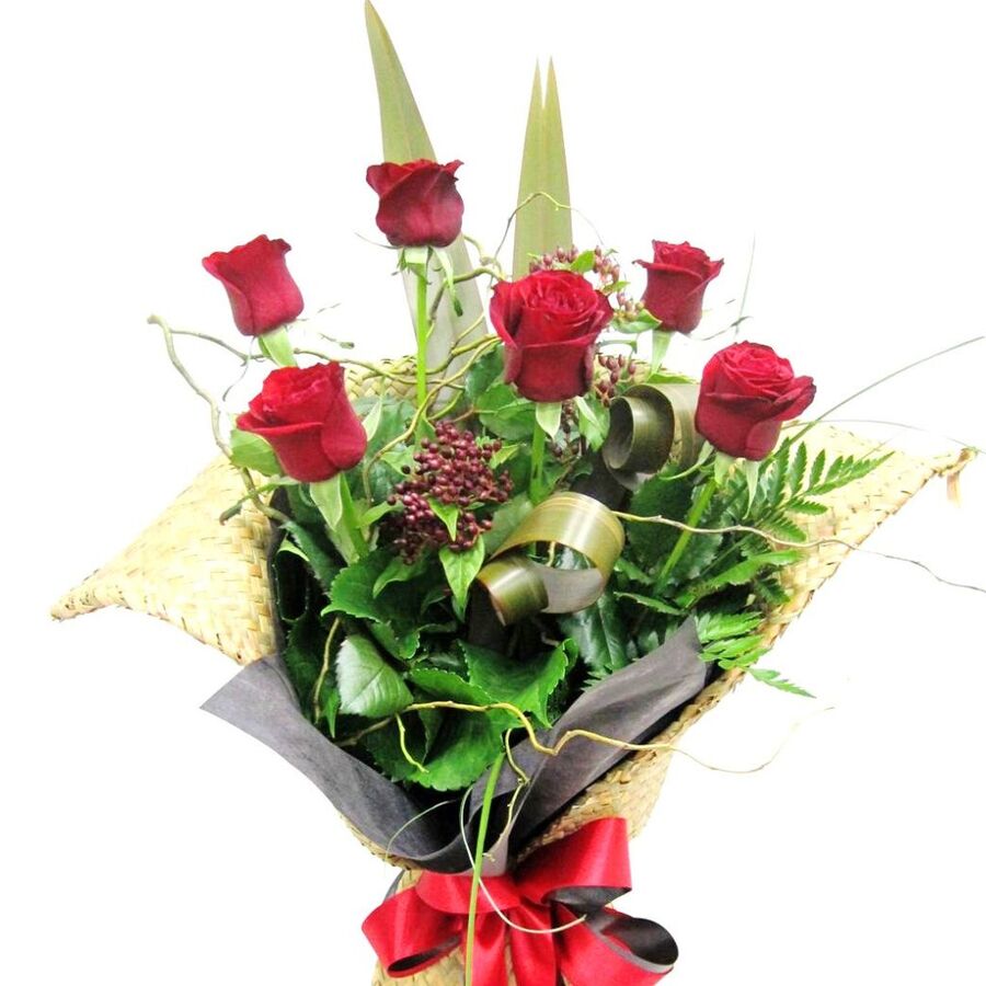 Premium styled 1/2 Dozen Red Roses in Flax Kete NZ Wrapping.