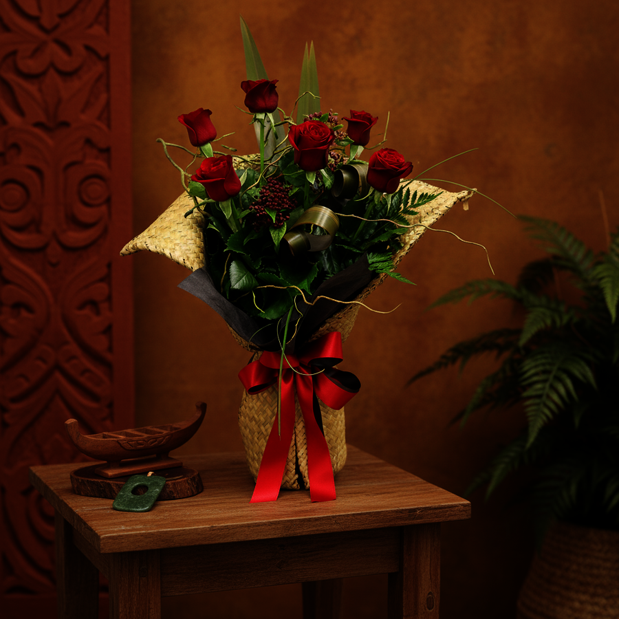 Close up of the Aroha bouquet featuring red roses in a New Zealand flax kete