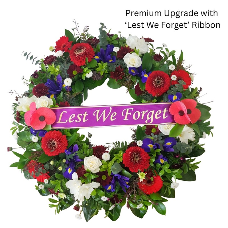 Red White and Blue Wreath Red white and blue wreath with Lest We Forget ribbon