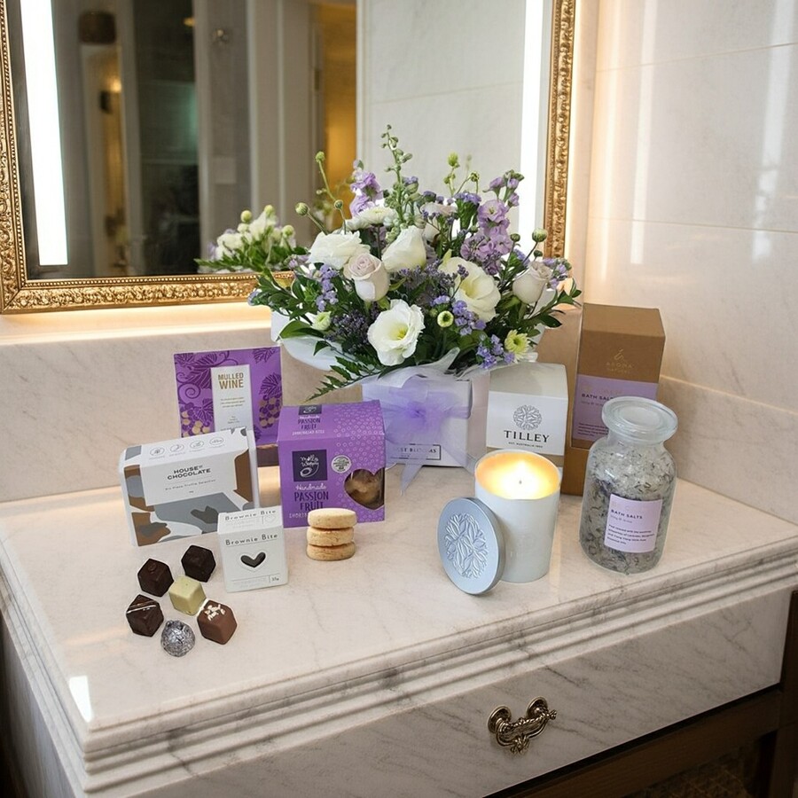 Relaxation aromatherapy hamper shown in styled scene.