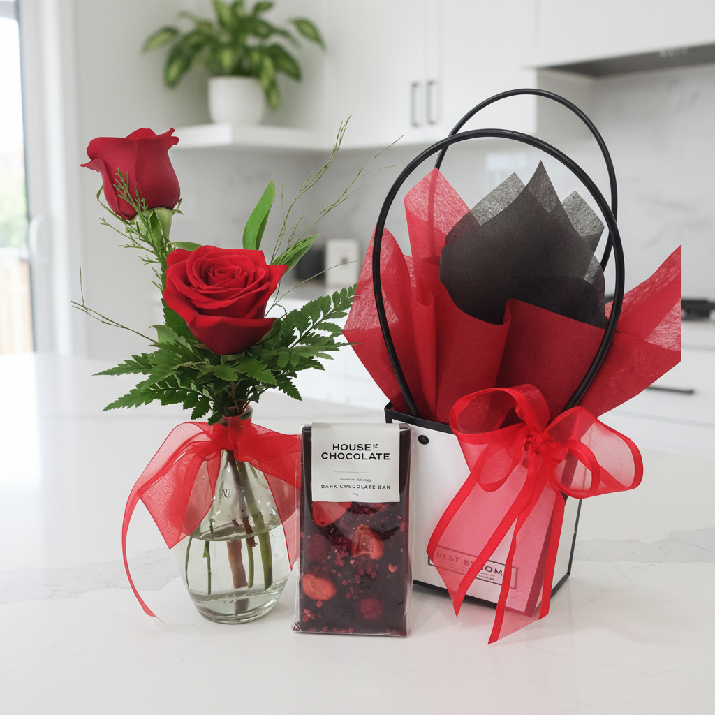 Red roses in glass bud vase with luxury chocolate gift