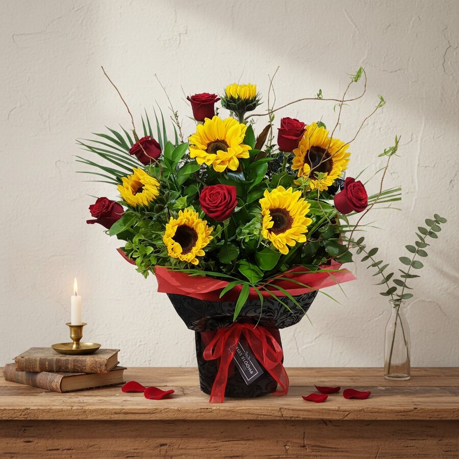 Sunflower and red rose bouquet arranged for Auckland delivery