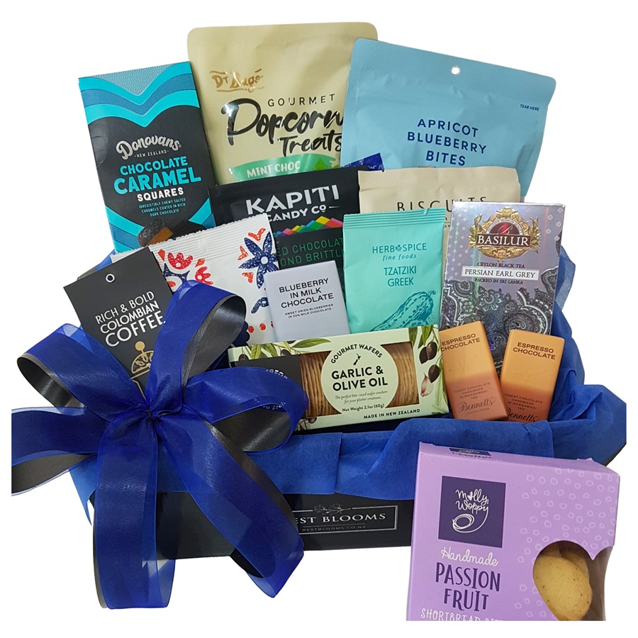 Luxury Tea and Coffee Gift Box with luxury treats in black and blue wrapping – Auckland gift delivery.