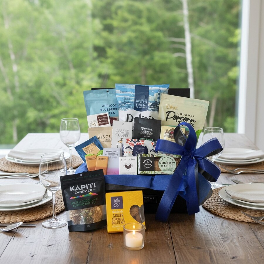 Luxury Tea and Coffee Gift Box showing all treats packed inside the Best Blooms black box with royal blue trim.