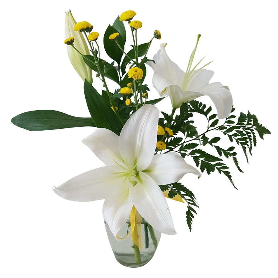 white lily posy in a glass bud vase
