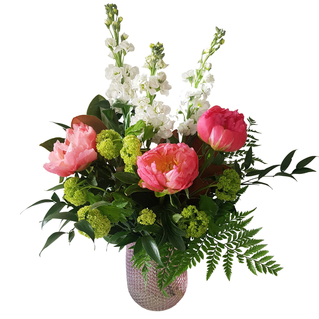 Pink Peonies and White Stock in Glass Vase