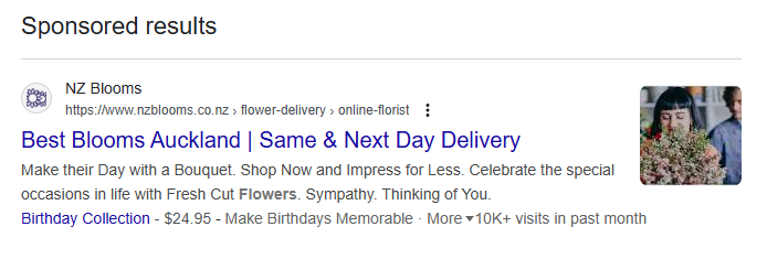 NZ Blooms Google ad appearing for a Best Blooms Auckland search