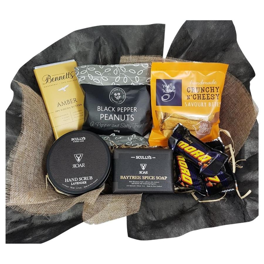 gift crate of mens toiletries, grooming products and treats