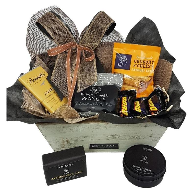 Gift basket for men for fathers day with grooming products and snacks