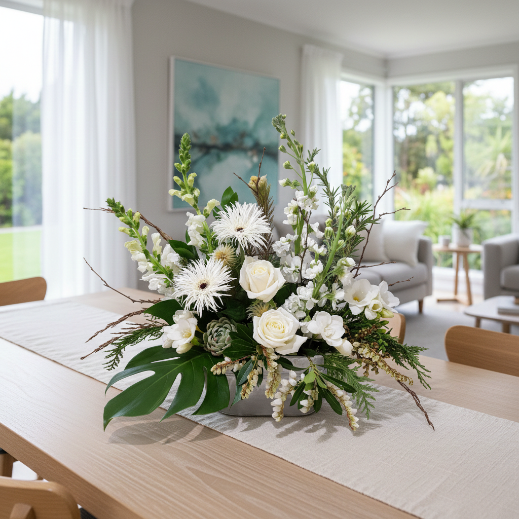 Serenity white flower arrangement Auckland in styled scene
