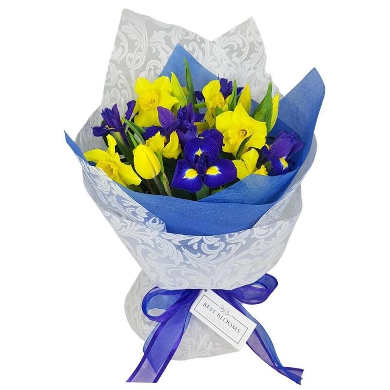bouquet of iries daffodils and tulips 