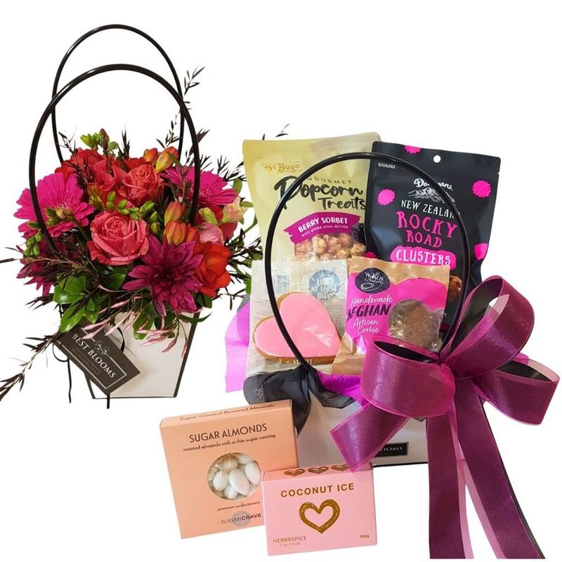Flowers and sweet gift with fresh bouquet and Sugar Babe chocolate gift basket Auckland delivery