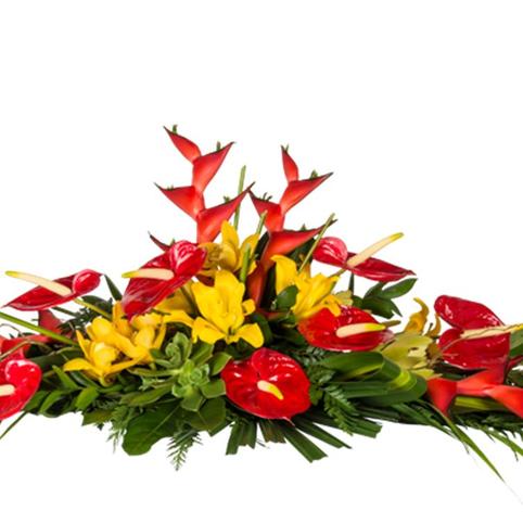 dramatic stylish tropical floral casket funeral spray