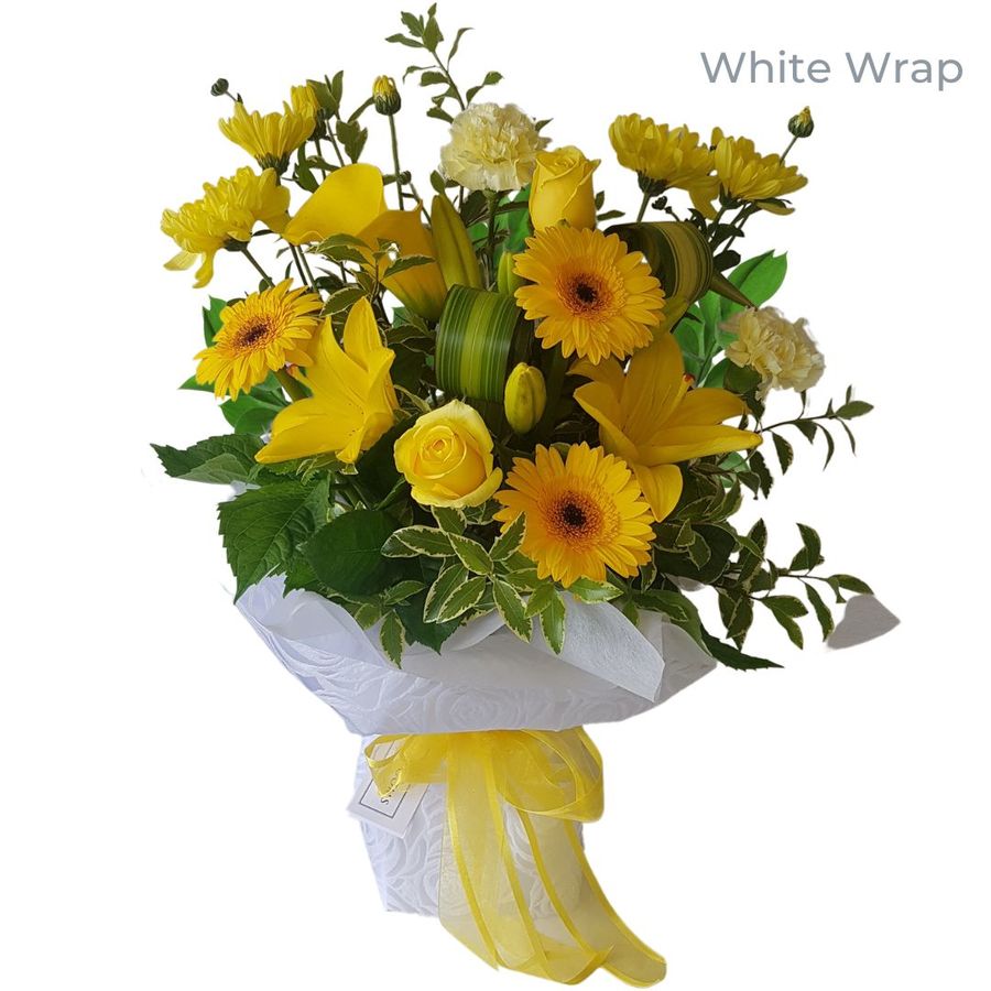 yellow bouquet in white wrap