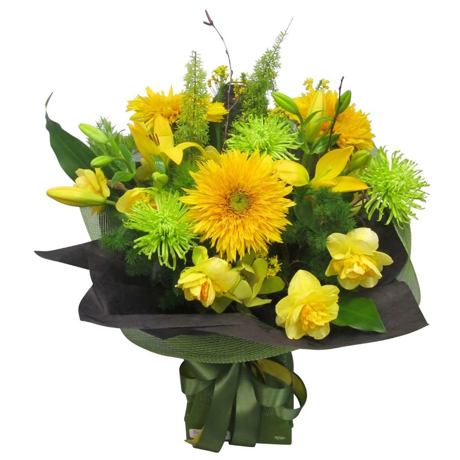 Yellow flowers in bouquet with green wrapping and green satin ribbon