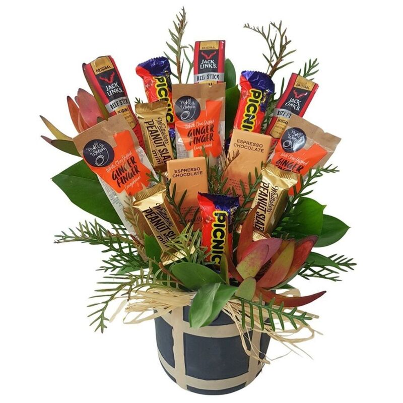 Sweet and Savoury Stash with chocolates, ginger fingers, beef sticks and snacks