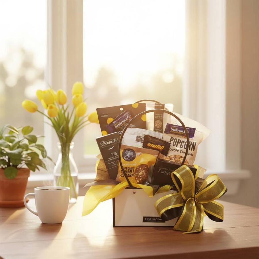 Sweet Treats Gift Box Sweet Treats Gift Box paired with a fresh yellow flower posy, packaged together as a cheerful flowers and chocolates gift.
