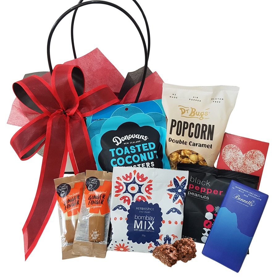 Sweet and Savoury Snack Basket with red packaging and gourmet treats – Auckland gift delivery.