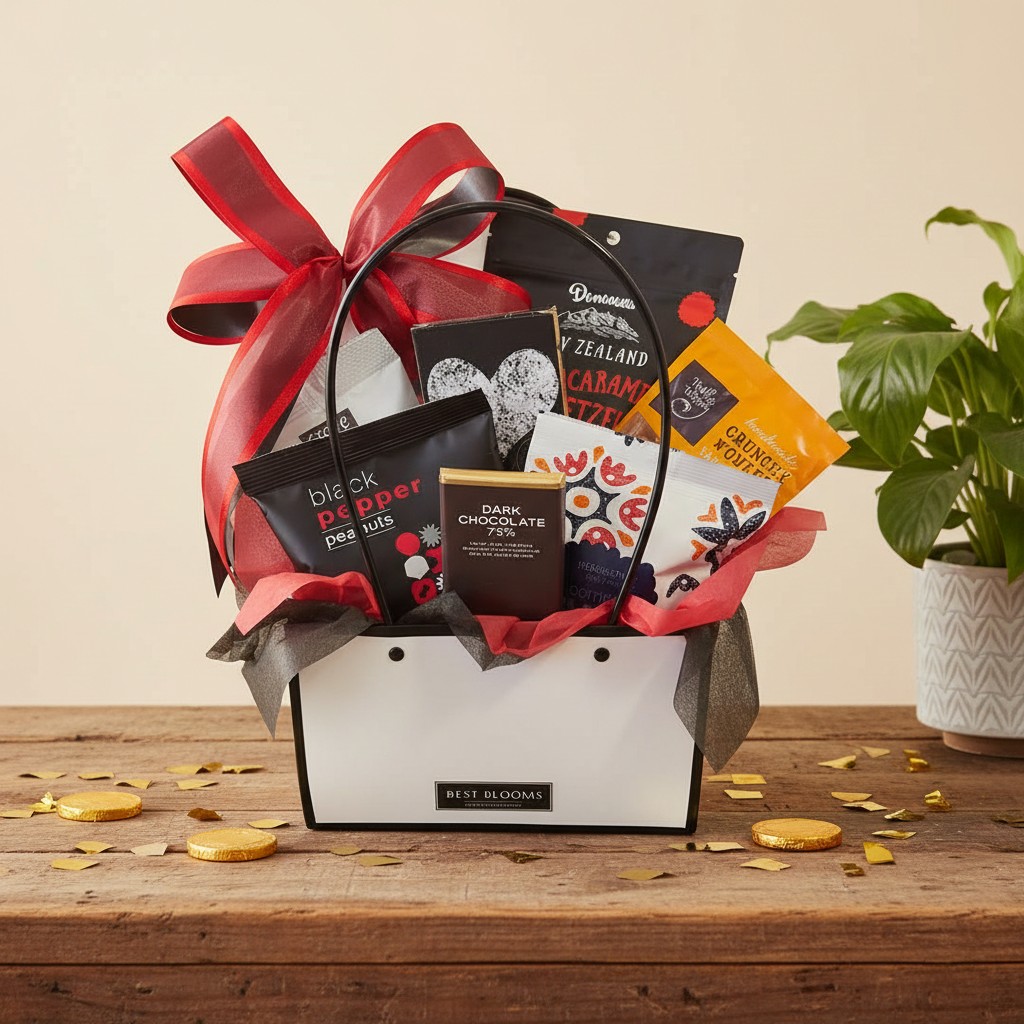Sweet and Savoury Snack Basket Affordable Sweet and Savoury Gift Basket with sweet treats and savoury snacks.
