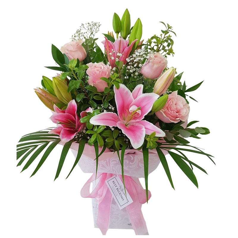Sweetheart lily and rose bouquet in soft pink and mauve tones