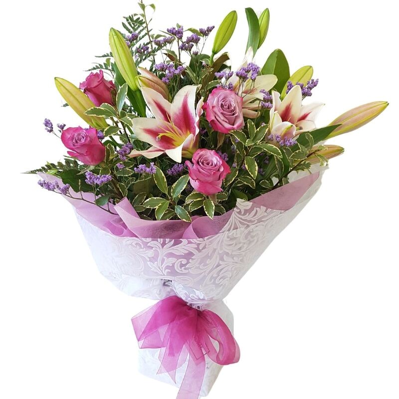 Sweetheart lily and rose bouquet in soft pink and mauve tones