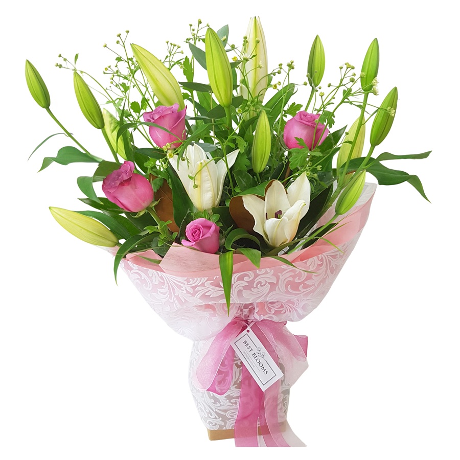 Sweetheart lily and rose bouquet in soft pink and mauve tones