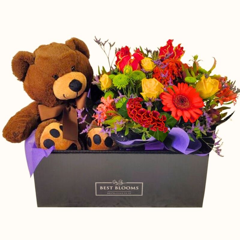 flowers%20and%20teddy%20bear%20gift%20box%20delivered%20Auckland, 