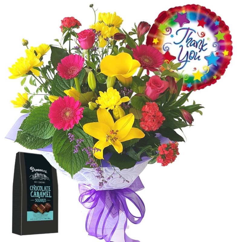 Thank you Bouquet, thank you balloon, chocolates gift basket, 