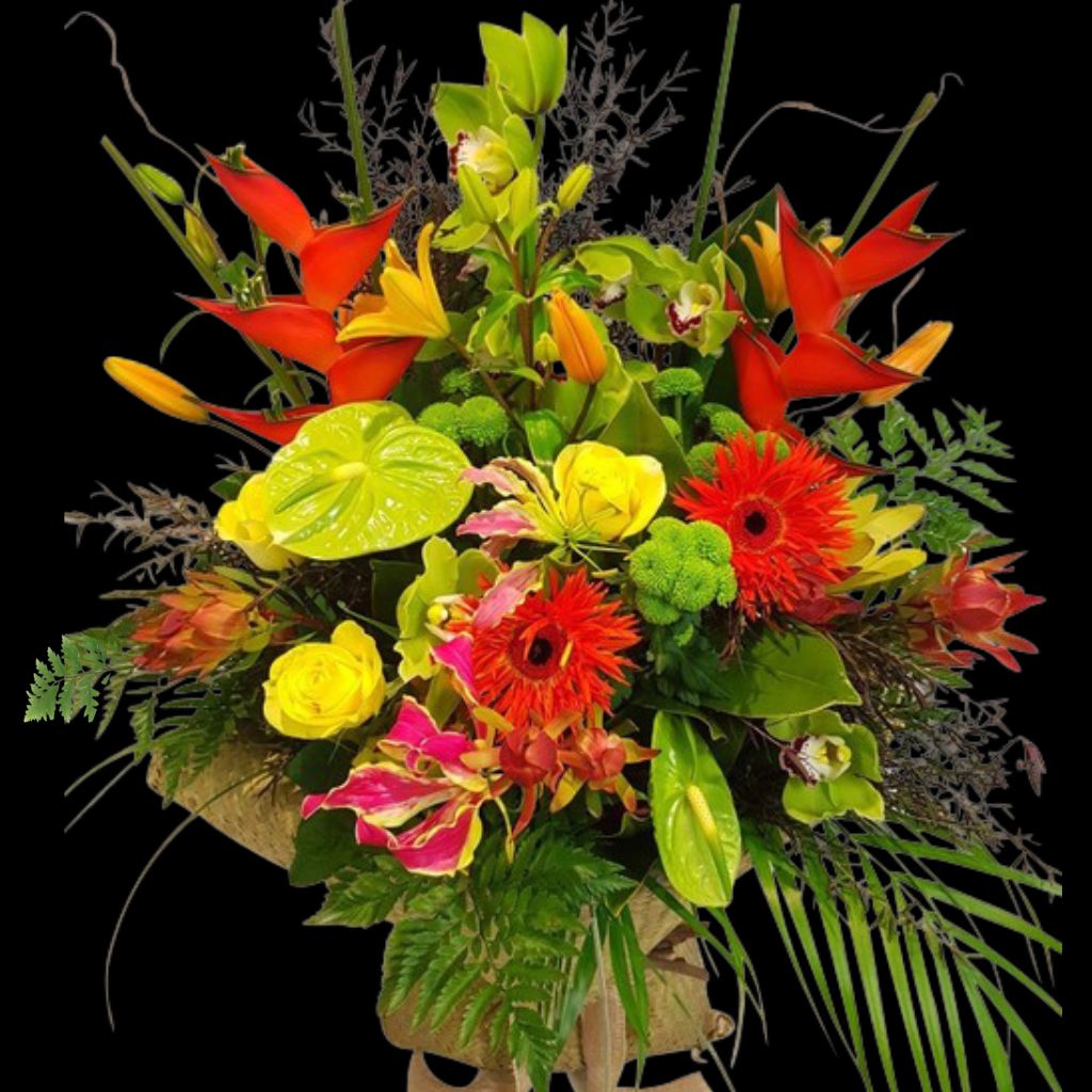 Hot Tropical Flowers. Pasifika Bouquet in Flax Kete Wrap Auckland N.Z.