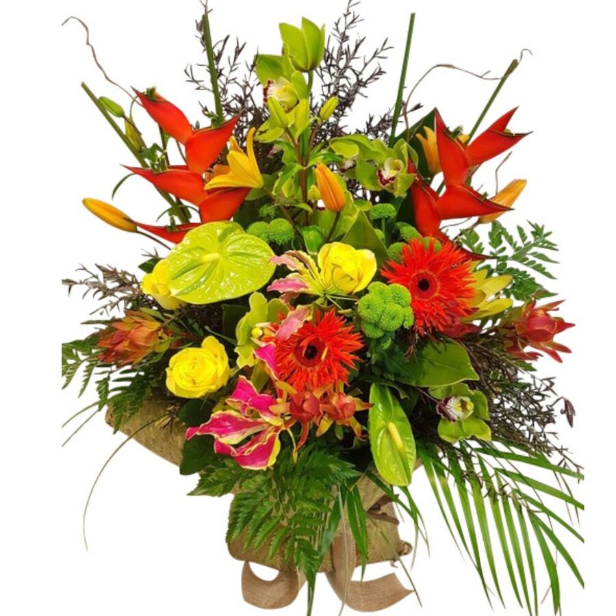 Hot Tropical Flowers. Pasifika Bouquet in Flax Kete Wrap Auckland N.Z.