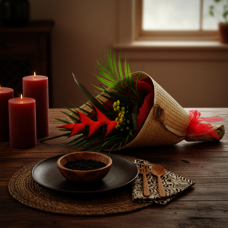 Lifestyle Image of Tropical Heliconia wrapped in Flax Kete lying on rustic wood table with red candles.
