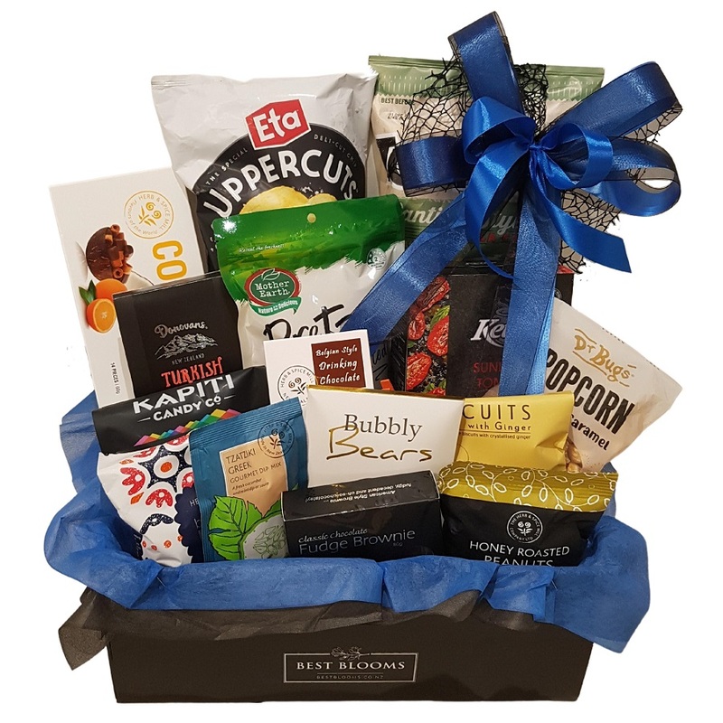 close up showing gourmet products included in gift basket