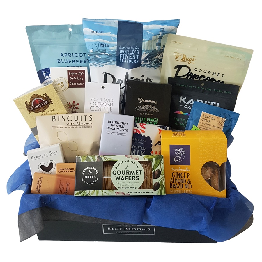 close up showing gourmet products included in gift basket