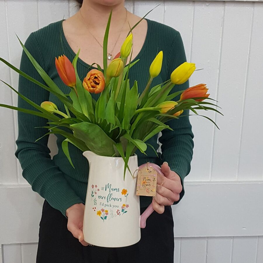 Mothers Day Tulips for Delivery in Auckland arranged in Mothers Day Ceramic Jug.