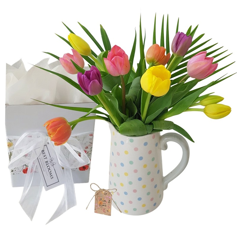 Fresh Tulips arranged in a Keepsake Polka Dot Ceramic Jug. Presented in white gift box with ribbon., 