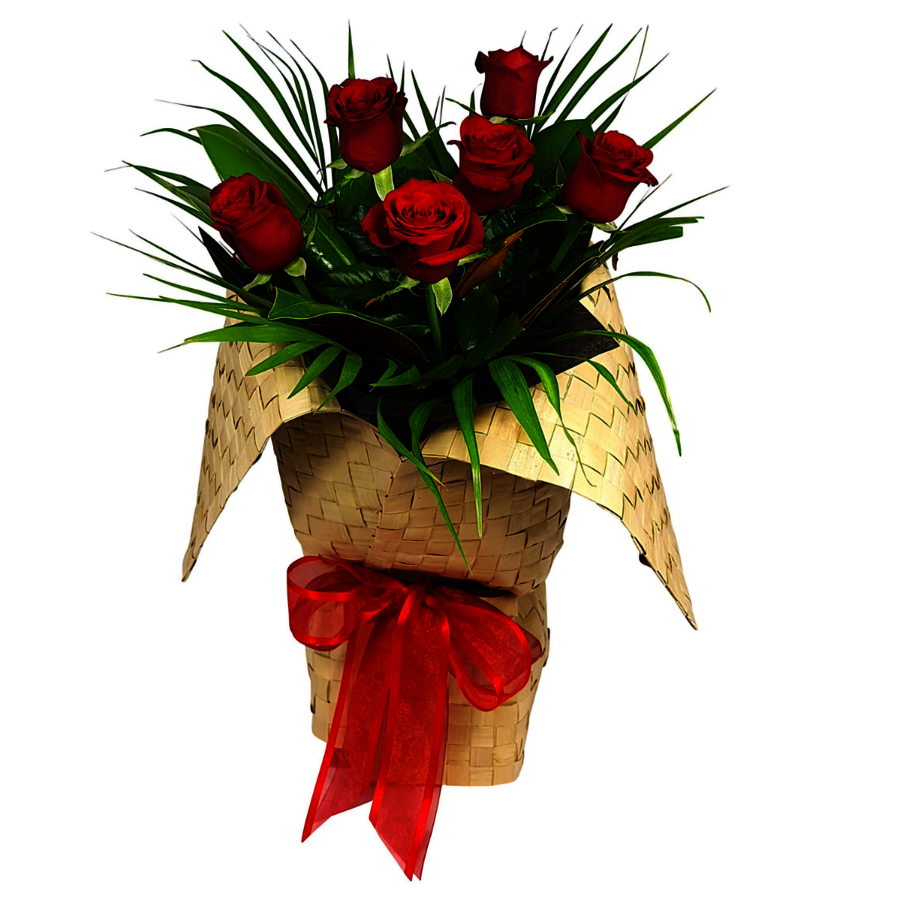 Bouquet of 6 Red Roses in kete for Valentines Day