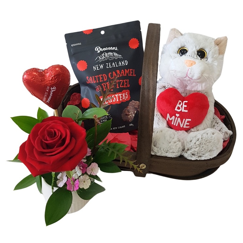 Valentines Gift Basket with Cat Soft Toy, Chocolates and Red Rose