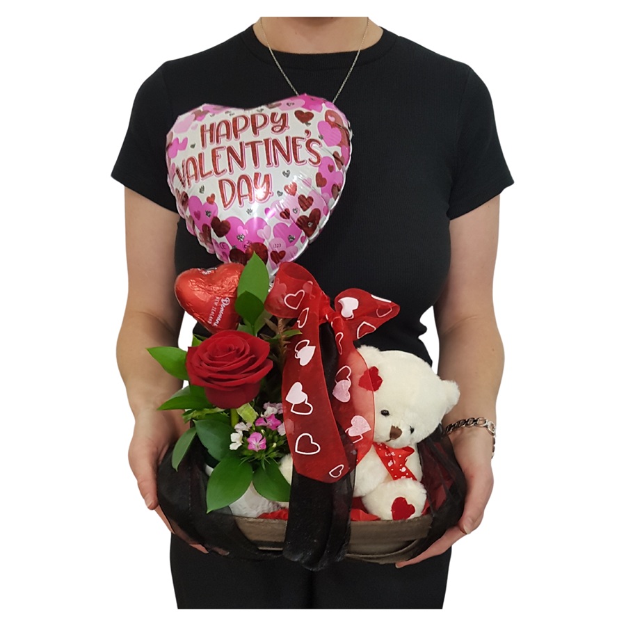 Gift wrapped Valentines gift basket Ceramic Vase with Red Rose 