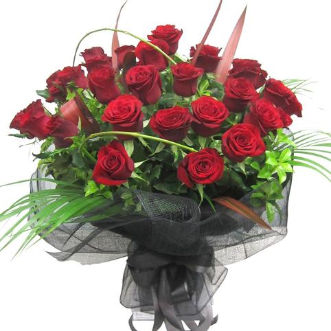 2 dozen red roses bouquet in black wrapping with palm leaves. Best Blooms Flowers Delivery Auckland Valentines Day., 